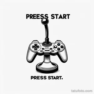 Черно-белое фото тату с изображением старого джойстика и надписями "PREESS START" и "PRESS START". Рисунок выполнен в ретро-стиле.
