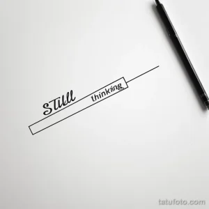 Простое черно-белое фото тату с надписью "Still thinking" в минималистичном стиле. Изображение выполнено тонкими линиями на белом фоне.