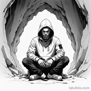 Черно-белое фото тату с изображением молодого человека в капюшоне, сидящего в пещере. Детализированный рисунок, выполненный в графическом стиле.