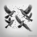 Черно-белое фото эскиза татуировки с изображением стаи воронов в полете, с орнаментальным узором на крыльях. Символ свободы и мистики.