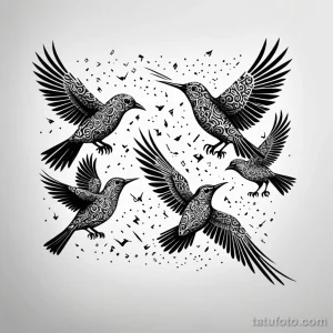 Черно-белое фото эскиза татуировки с изображением стаи воронов в полете, с орнаментальным узором на крыльях. Символ свободы и мистики.
