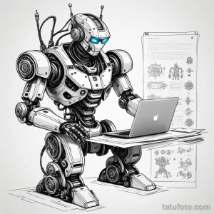 Черно-белый эскиз татуировки с изображением робота-инженера, работающего за столом с чертежами и ноутбуком. Символизирует технологии, интеллект и прогресс.