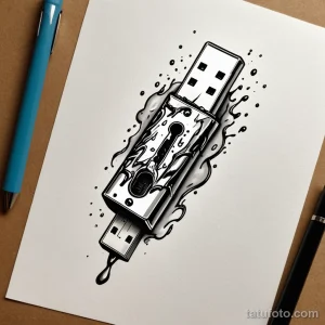 Черно-белый эскиз татуировки с изображением USB-флешки, из которой вытекают провода и микросхемы. Символизирует взлом, технологии и цифровой мир.