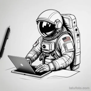 Черно-белое фото тату космонавта, работающего за ноутбуком. Детализированная проработка скафандра и техники. Подходит для любителей космоса и технологий.