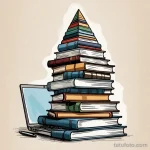 Цветное фото татуировки с изображением пирамиды, сложенной из книг и ноутбука. Символический рисунок, олицетворяющий знания, образование и прогресс.