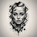 Черно-белое фото татуировки на коже, изображающее портрет девушки, выполненный в геометрическом стиле с использованием линий и брызг.