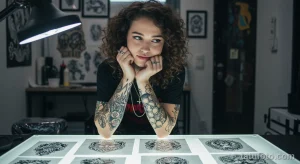 Фотография тату-мастера, работающего в студии, с эскизами татуировок на столе и татуировками на руках.