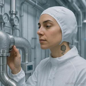 Фотография женщины-техника в защитном костюме и головном уборе, работающей на промышленном объекте.