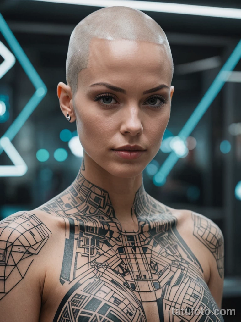 A bald woman with bright eye implants and shoulder tattoos of fragmented geometric shapes, surrounded by AR projections and code 2025 №10 - tatufoto.com