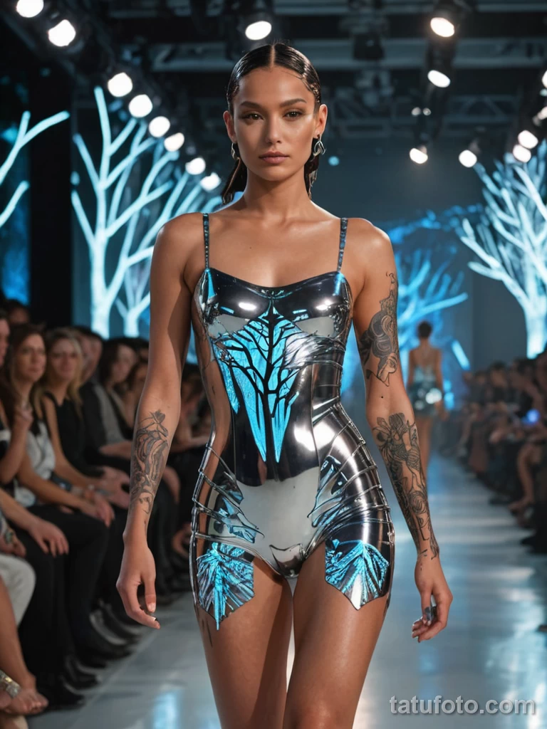 A cyber inspired fashion model walking down a chrome runway, tattoos in the shape of data trees visible on arms and legs, spotli 2025 №14 - tatufoto.com