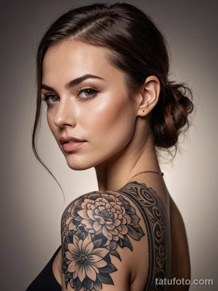 A hyper realistic woman with split aesthetic — one side traditional floral tattoo, the other half techno mosaic patterns, shot i 2025 №16 - tatufoto.com