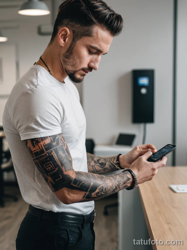 A man with a burning glitch effect tattoo on his forearm, holding a smartphone unlocking with a scan, neutral office setting, ju 2025 №17 - tatufoto.com