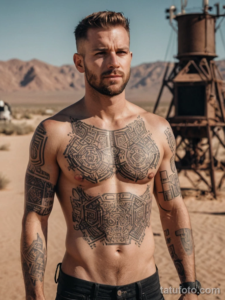 A topless man in a desert, torso covered in minimalist QR tattoos, standing beside a rusted antenna, dystopian yet symbolic aest 2025 №21 - tatufoto.com