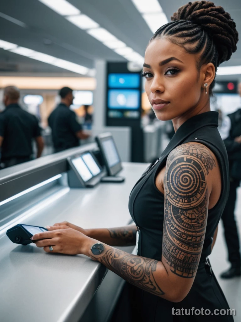 African American woman with a spiral biometric tattoo on the forearm, registering at a futuristic airport terminal, bright clean 2025 №25 - tatufoto.com