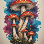 Фотография эскиза татуировки с несколькими мухоморами, окруженными ярким акварельным фоном фиолетового и синего цветов. Красивый и оригинальный дизайн для любителей акварельных татуировок.