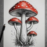 Фотография эскиза татуировки с красными мухоморами на тонких ножках, окруженными брызгами черной краски. Идеально для любителей ярких и необычных рисунков.