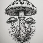 Черно-белый эскиз тату с детально прорисованными мухоморами, травами и цветами, выполненный в графическом стиле.