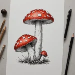 Эскиз татуировки мухомора, выполненный в красно-черной гамме с акцентом на детализацию текстуры шляпки и ножки гриба, создающий реалистичный образ.