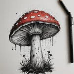 Эскиз татуировки мухомора с использованием техники акварели и эффектом стекающей краски, создающий динамичный и художественный образ.