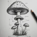 Черно-белый эскиз татуировки мухомора с ботаническими подписями, выполненный в реалистичной технике, идеально подходит для любителей природы и ботаники.
