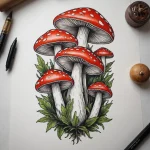Детализированный эскиз татуировки с мухоморами, выполненный цветными карандашами, с изображением лесной зелени и инструментов художника.