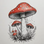 Фото эскиза татуировки мухомора с ярко-красной шляпкой, усеянной белыми точками, и детально прорисованной ножкой.