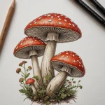 Акварельный эскиз татуировки с изображением трех мухоморов на фоне травы и листвы. Мягкие переходы цветов и реалистичная детализация создают ощущение живой природы.