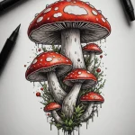 Фото тату эскиза с красными мухоморами, с которых стекают капли. Детализированный рисунок с элементами графики и акварели.