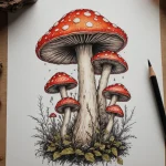 Фото тату эскиза с реалистичными красными мухоморами на фоне зеленой травы. Детализированный рисунок для вдохновения.