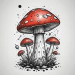 Стильный эскиз татуировки с красными мухоморами, выполненный в графической технике с использованием черных линий и точек. Подходит для любителей минимализма и оригинальных рисунков.