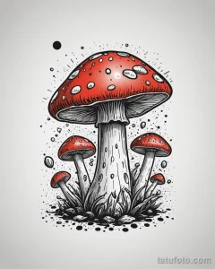 Стильный эскиз татуировки с красными мухоморами, выполненный в графической технике с использованием черных линий и точек. Подходит для любителей минимализма и оригинальных рисунков.