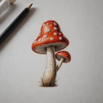 Эскиз татуировки с изображением двух мухоморов, окруженных травой, выполненный в акварельной технике. Мягкие переходы цветов и реалистичная проработка деталей.