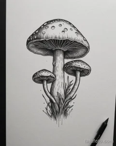 Черно-белый эскиз татуировки с изображением группы мухоморов, растущих среди травы. Детализированная проработка шляпок и ножек.