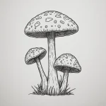 Черно-белый эскиз татуировки с изображением нескольких мухоморов, растущих вместе. Детализированная проработка шляпок и ножек, травинки у основания.