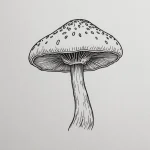 Черно-белый эскиз татуировки мухомора с тонкими линиями и детальной проработкой шляпки и ножки. Идеально для любителей минимализма.
