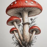 Фото эскиза татуировки с изображением группы красных мухоморов, окруженных полевыми цветами и травами, выполненного в реалистичном стиле. Идеально для любителей природы и ботанических мотивов.