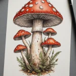 Эскиз татуировки с красными мухоморами, растущими на лесной подстилке из листьев и земли. Детализированный рисунок для вдохновения.
