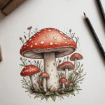 Эскиз татуировки с красным мухомором, окруженным зелеными листьями и лесными цветами. Детализированный рисунок для вдохновения.