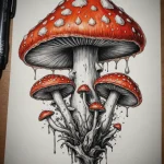 Эскиз татуировки с красными мухоморами, с которых стекают капли, и переплетенными корнями. Детализированный рисунок для вдохновения.