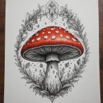 Эскиз татуировки с красным мухомором, окруженным зеленью и украшенным изображением маленькой феи. Детализированный рисунок для вдохновения.