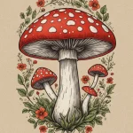 Нежный эскиз татуировки с мухомором, окруженным цветами и зеленью, выполненный в мягких тонах с акцентом на детали.