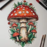 Эскиз татуировки с красными мухоморами, украшенными зелеными листьями и красными розами. Детализированный рисунок, выполненный в традиционном стиле.