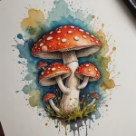 Эскиз татуировки мухоморов, выполненный в акварельной технике с использованием синих брызг краски. Яркий и красочный рисунок татуировки с использованием красного, синего и зеленого цветов.
