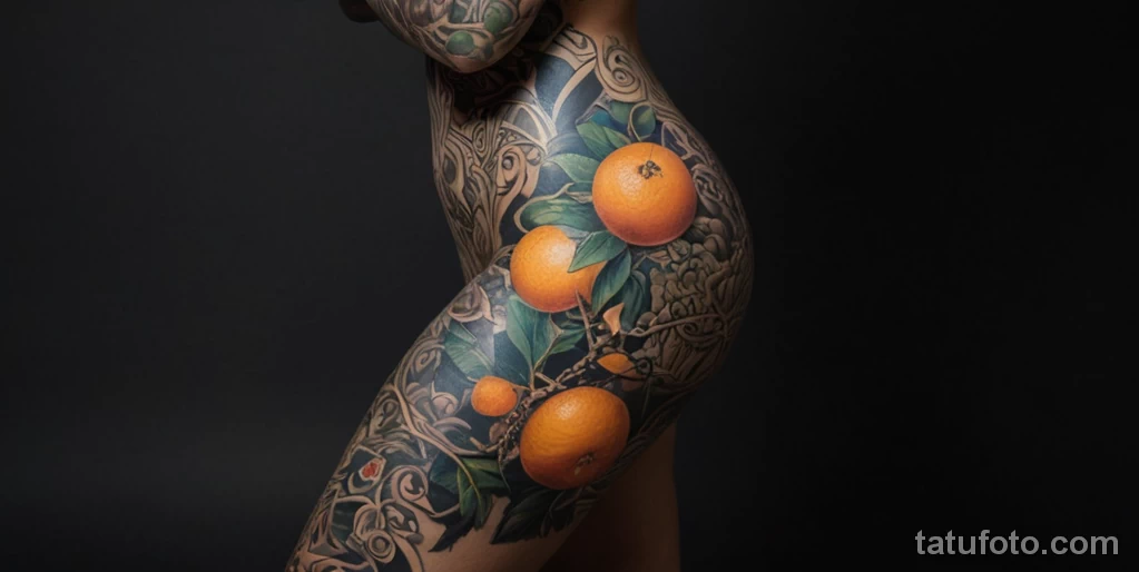 Artistic full body shot of a beautiful woman, body art focus, dramatic lighting A full sleeve mandarin tattoo on her arm, incor №03 - tatufoto.com