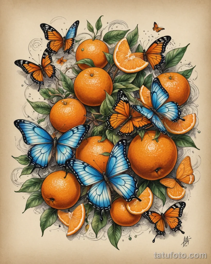 Artistic tattoo sketch, a mandarin fruit bursting open to release a swarm of bioluminescent butterflies, each with mandarin slic №06 - tatufoto.com
