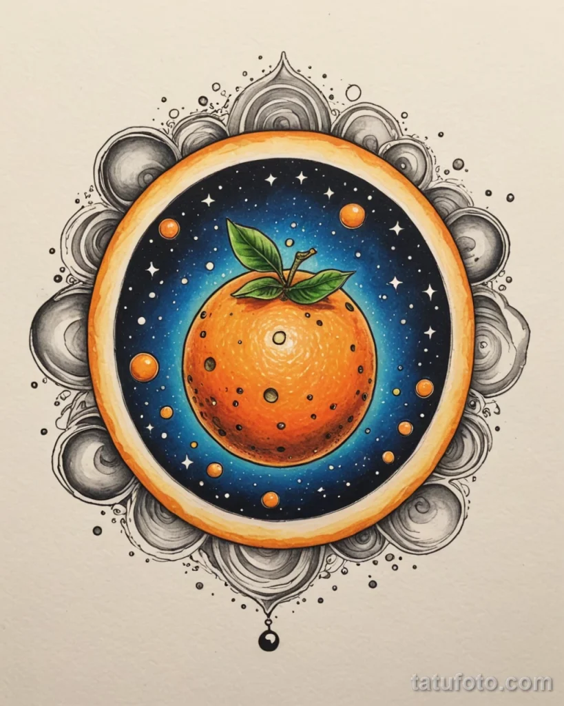 Artistic tattoo sketch, a mandarin fruit depicted as a tiny, glowing planet with a ring of smaller mandarin slices orbiting it, №07 - tatufoto.com