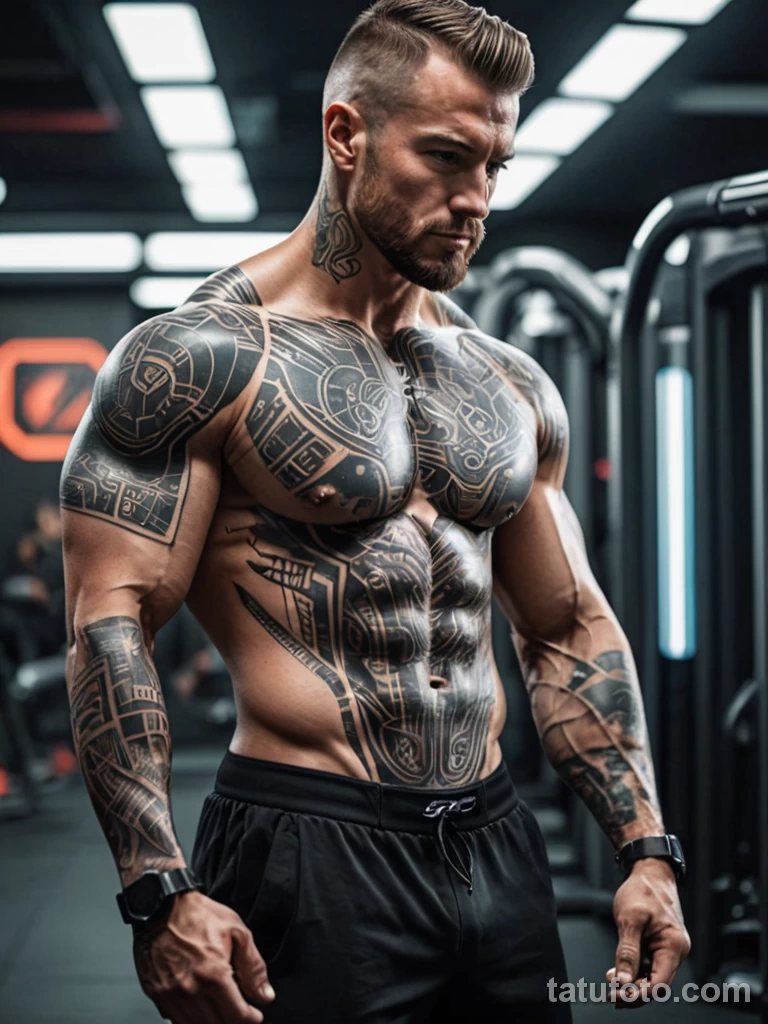 Bodybuilder with circuitry tattoos pulsing along muscle lines, exercising in a cyber gym, blending performance enhancement with 2025 №29 - tatufoto.com