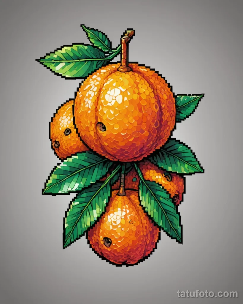 Digital tattoo sketch, a pixelated mandarin fruit, vibrant colors, retro gaming aesthetic, fun №17 - tatufoto.com