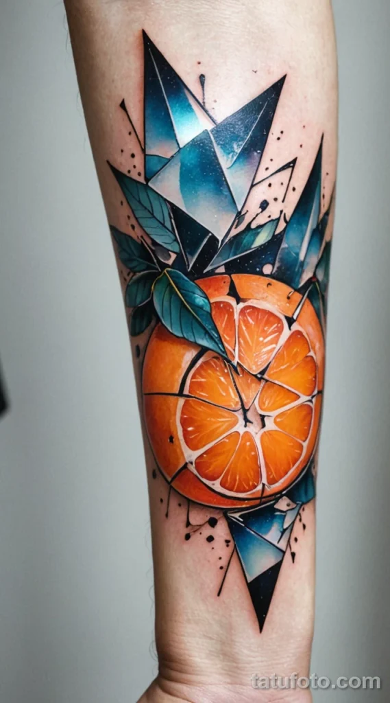 Dramatic close up of a shattered glass effect mandarin tattoo on the forearm The fruit appearing to break into sharp, luminous №18 - tatufoto.com
