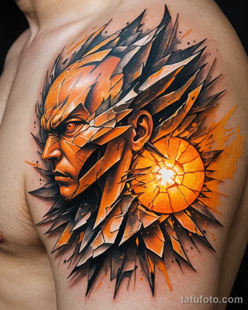 Dynamic close up of a fragmented, shattered mandarin tattoo on the side Pieces breaking away, glowing with internal orange and №21 - tatufoto.com